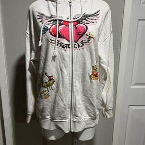 Forever 21 White Graphic Hoodie with Heart and Wings
